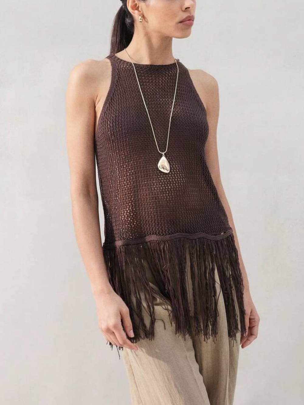 Brown Crochet Fringe Tank Top